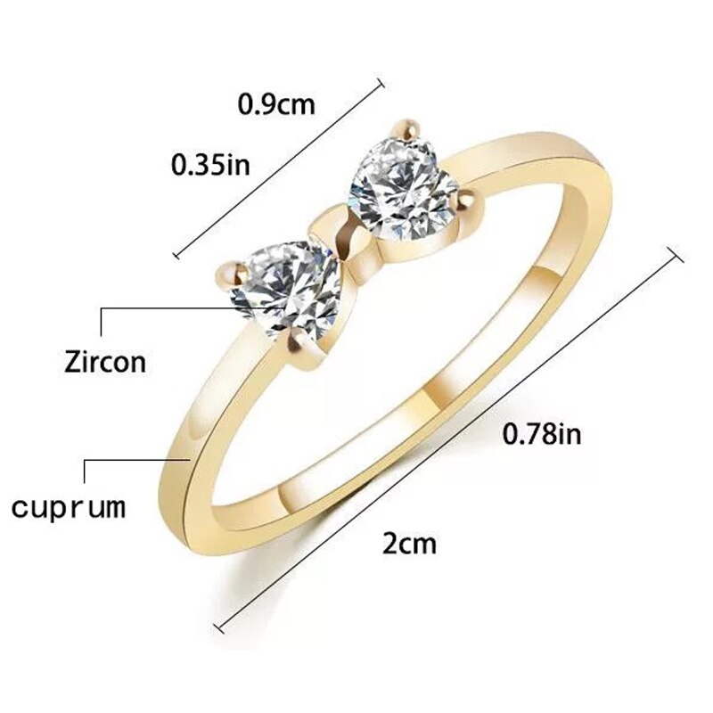 Crystal Rings Classic Gold Color Finger Bow Ring Unique Romantic Wedding Engagement Party Rings For Women