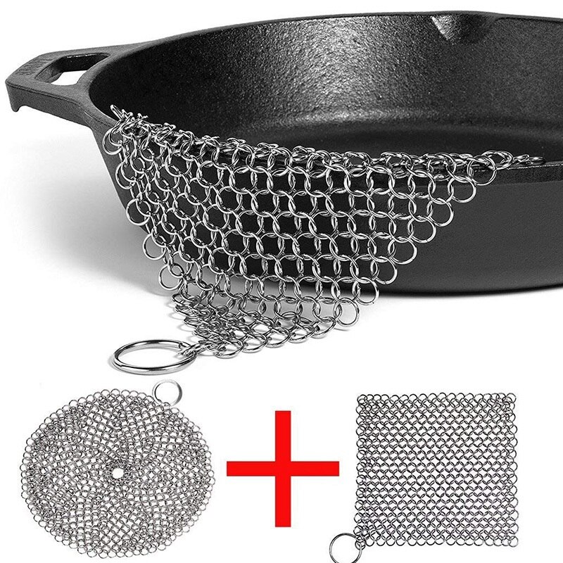 Cast Iron Cleaner 2 Pack- More Efficient Stainless Steel Chainmail Scrubber For Cast Iron Pan Pre-Seasoned Pan Dutch Ovens Waf