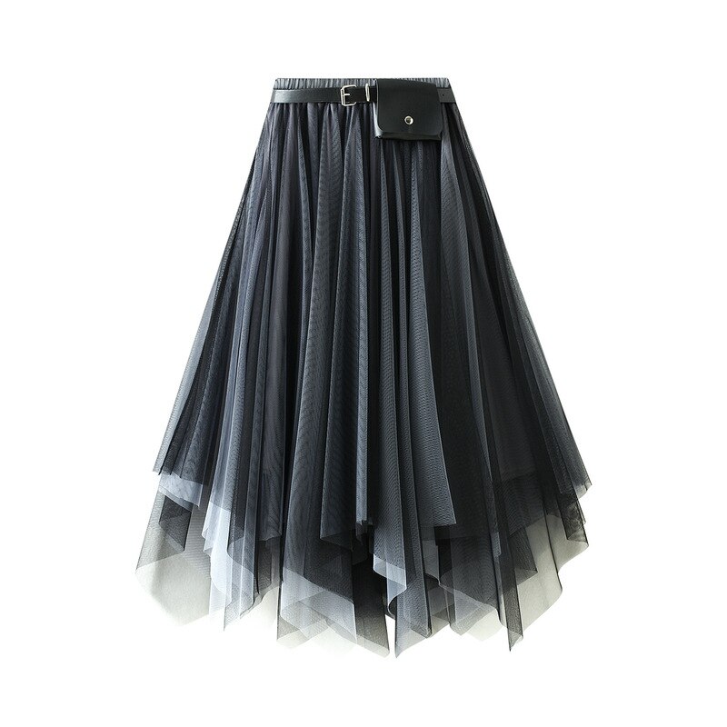 Jupe Tutu mi-longue décontractée pour femmes, couleur unie, taille haute, avec ceinture, poches irrégulières, Simple, élégante, en Tulle, printemps automne, 2022: Black Gray