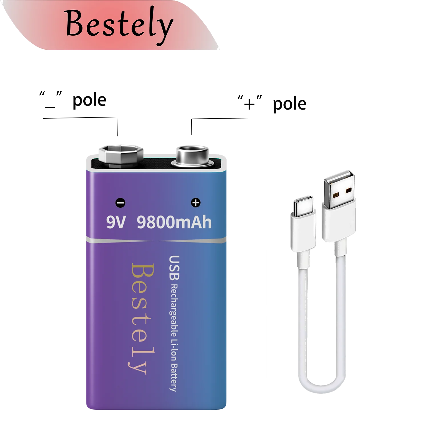 9V Rechargeable Lithium Battery , 9800mAh Long Lasting 9v Li-ion Batteries with Cable ,for Smoke Detector,Alarms,Microphone