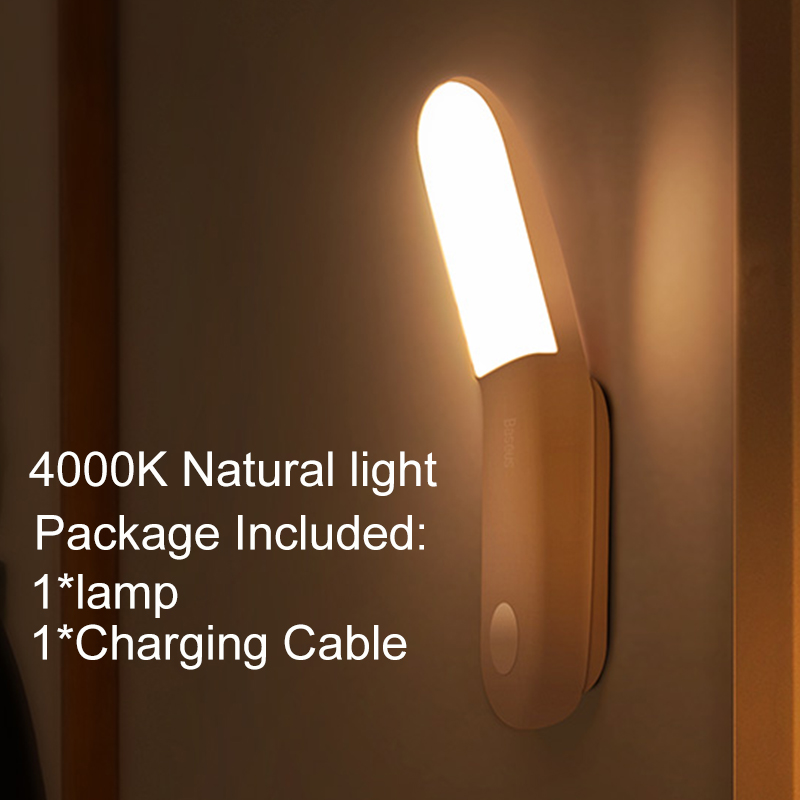 Baseus luz de noche LED inteligente PIR inteligente Sensor de movimiento lámpara LED USB recargable dormitorio armario Baño Luz De noche magnética: Y Natural light