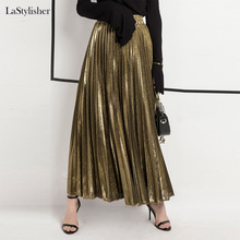 Guld elastiske højtaljede nederdele kvinder forår efterår kvinder maxi lang nederdel sølv casual kvindelige plisserede nederdele streetwear