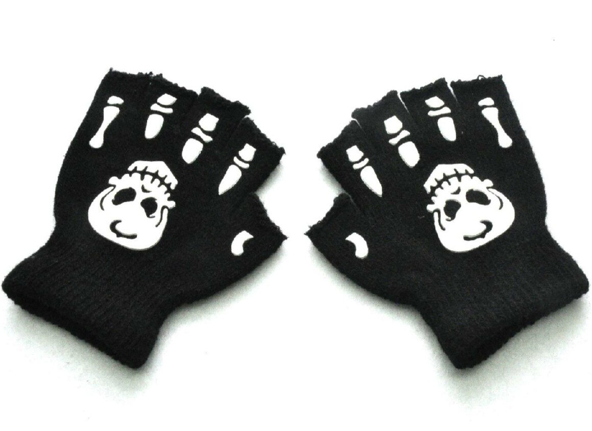 Kinderen Wanten Breien Warm Half Vingers Handschoenen Halloween Noctilucent Menselijk Skelet Hoofd Schedel Botten Lichtgevende Student Handschoen: Skull and Claw