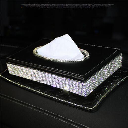 Voiture strass luxueux boîte à mouchoirs rangement serviette ensembles salle de bain Auto chambre serviette support de la boîte boîte à mouchoirs en cuir PU: Black with Pads