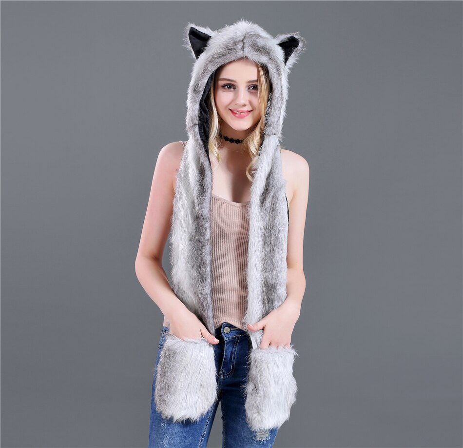 Imitation Fur Hat Cartoon Animal Hat Scarf Gloves One Piece Women Winter Set