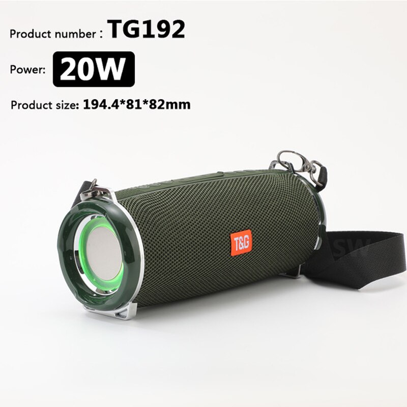 TG187 Altoparlante Bluetooth da 50 W ad alta potenza Colonna portatile impermeabile da esterno Altoparlante potente per altoparlanti per computer Subwoofer BoomBox Supporto per sistema 3DStereo Music Center TF FM AUX: TG192 ArmyGreen