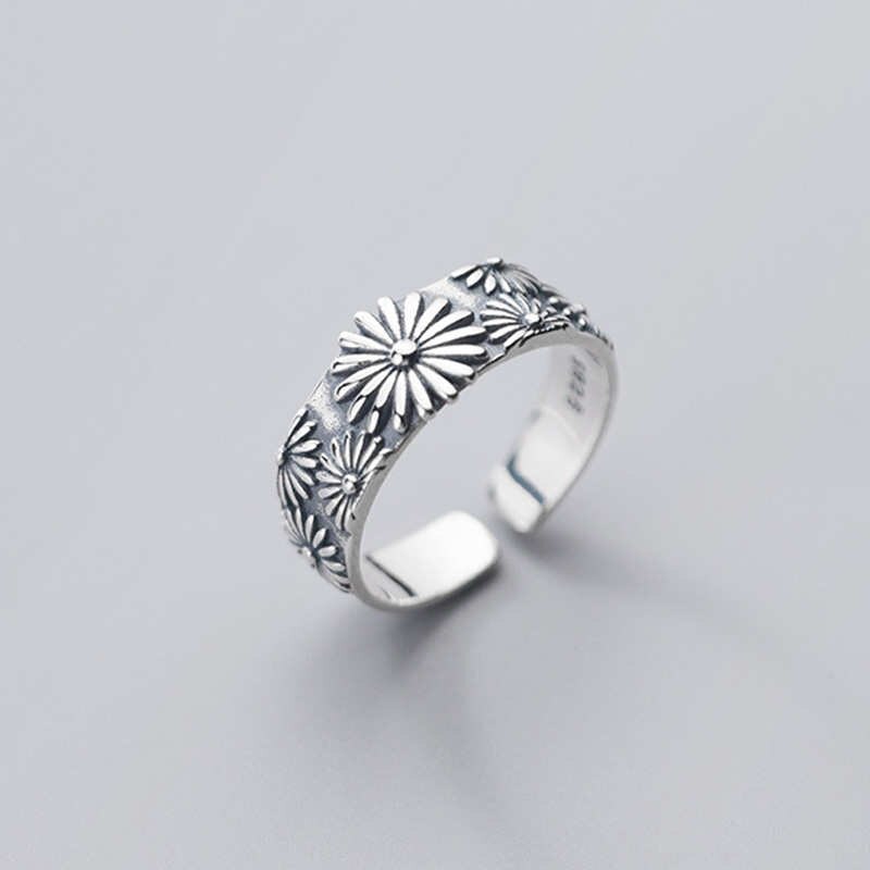 Inzatt real 925 sterling silber blumen-pflanzen-verstellbarer ring für damen party vintage feiner schmuck minimalistische accessoires: Default Title