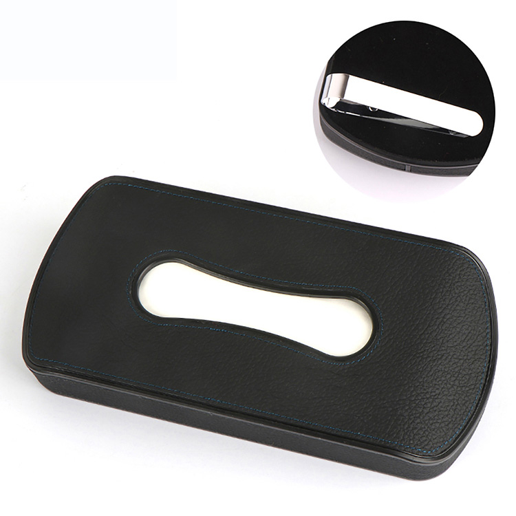 Caja de pañuelos de cuero PU para coche, soporte para visera solar, reposabrazos, colgante, tipo bloque, almacenamiento de servilletas de asiento, color negro y Beige, 1 unidad: Black-Blue-Clip Type