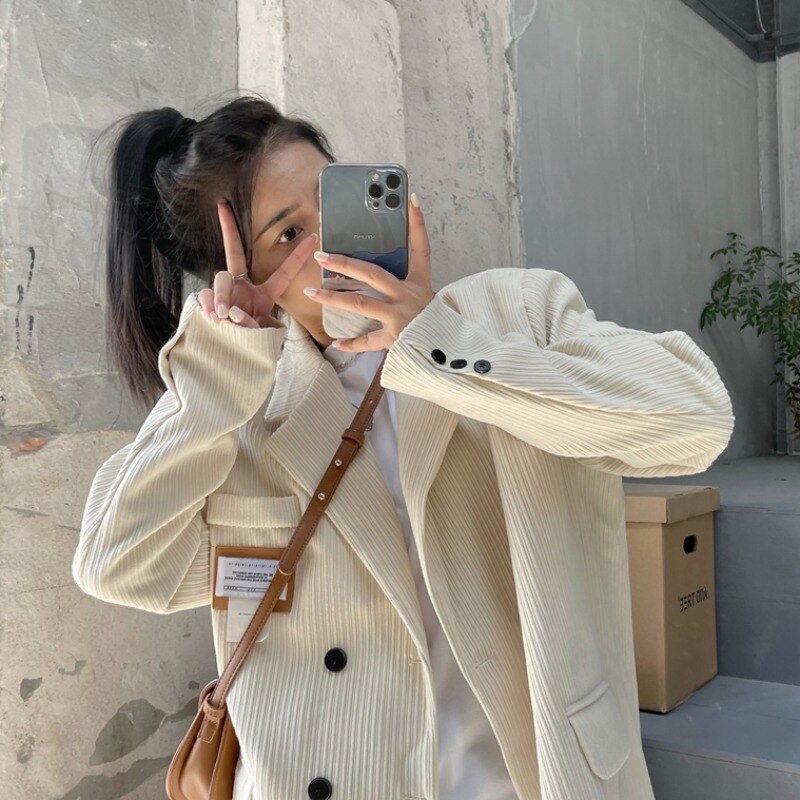 Snygg manchester oversized kavaj jacka kvinnor lös kontor dam kostym enkelknäppt kappa koreansk chic solid ytterkläder