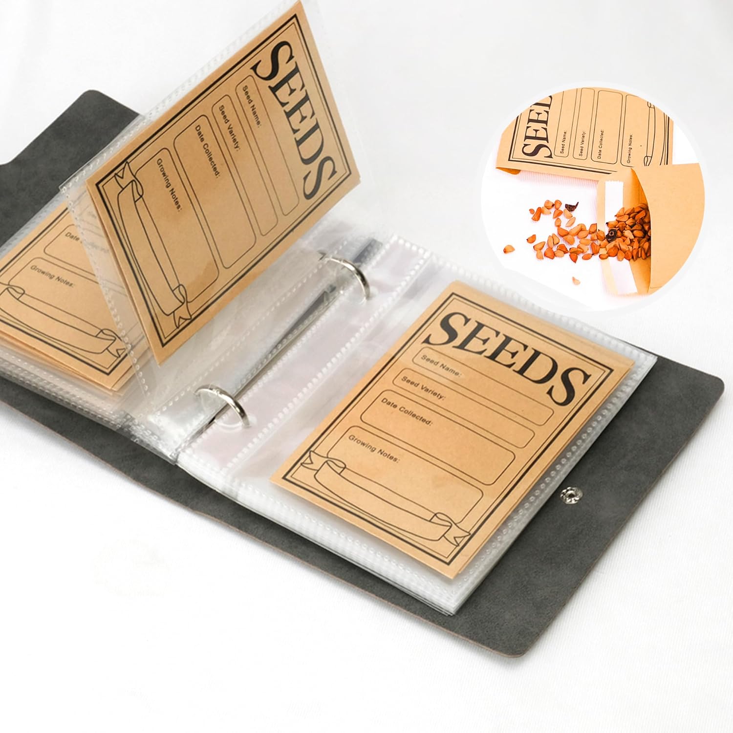 1 Juego de organizadores de almacenamiento de semillas de jardín, carpeta organizadora de semillas con 50 Uds. Sobres de semillas autosellados, organizador de paquetes de semillas, semillas