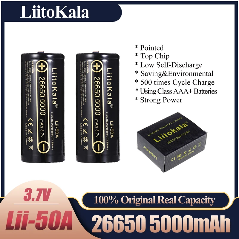 LiitoKala Lii-50A puntiagudo 3,7 V 26650 5000mA baterías recargables descargador 26650-50A 20A batería de alimentación para linterna herramientas electrónicas