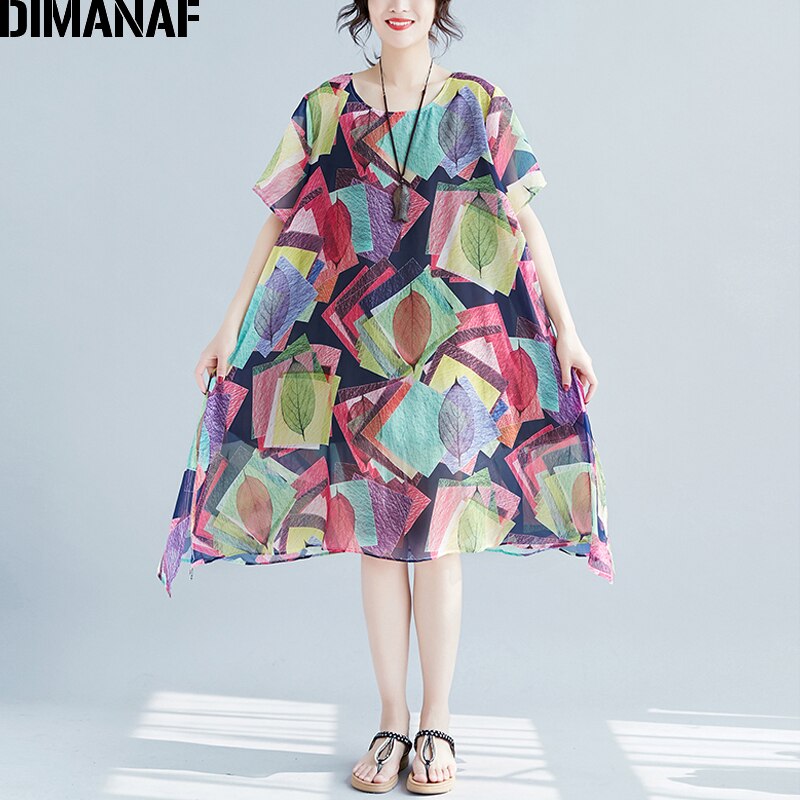 DIMANAF Women Dress Summer Plus Big Size Chiffon Hawaiian Lady Vestidos Print Panelled Female Casual Beach Sundress