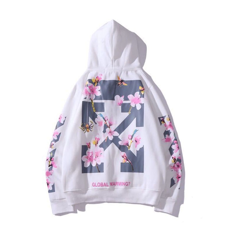 Hip Hop High Street Hoodie Men Sweatshirt Peach Flowers Print Hooded Fleece Harajuku White Pullover Couple Oversized Hoodie