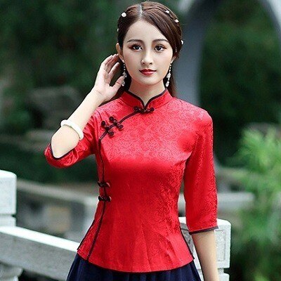 Chinese Tops Blouse Tang Ancient Chinese Style Seven Sleeve Cheongsam Shirts Jacket Tea Service Chinese Clothing Store Plus Size: Red / XL