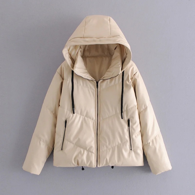 Dames wintermode verdikte parka's dame overmaat PU-jas met capuchon in effen kleur: XS / Beige