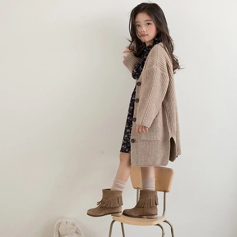 Girls Sweater Jacket Spring Children Long Sweater Autumn Baby Tops Kids Outerwea Cardigan Toddler Single Breasted Coat