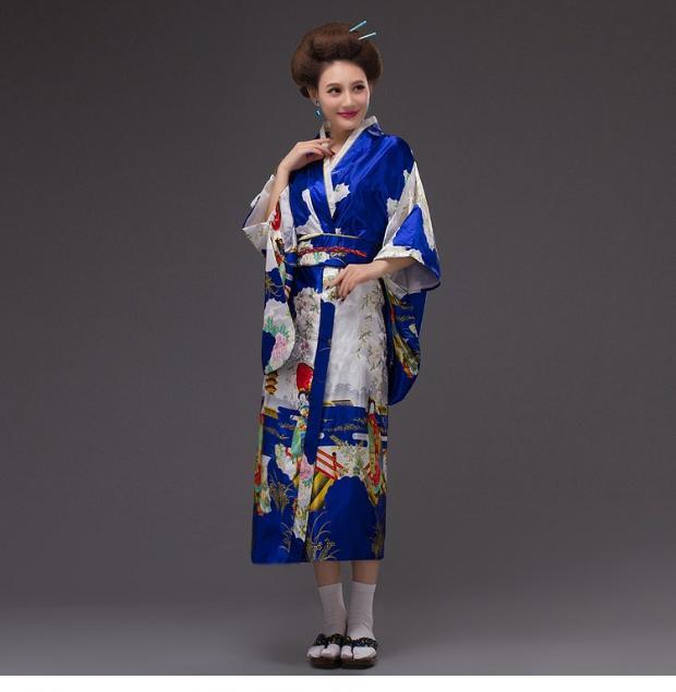 Mujer señora tradición japonesa Yukata traje de kimono japonés Cosplay traje Floral: Azul