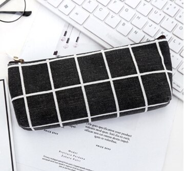 Estuche sencillo a cuadros para lápices, estuche de lona de gran capacidad, estuche de bolígrafo escolar, bolsa de almacenamiento de objetos pequeños: Black