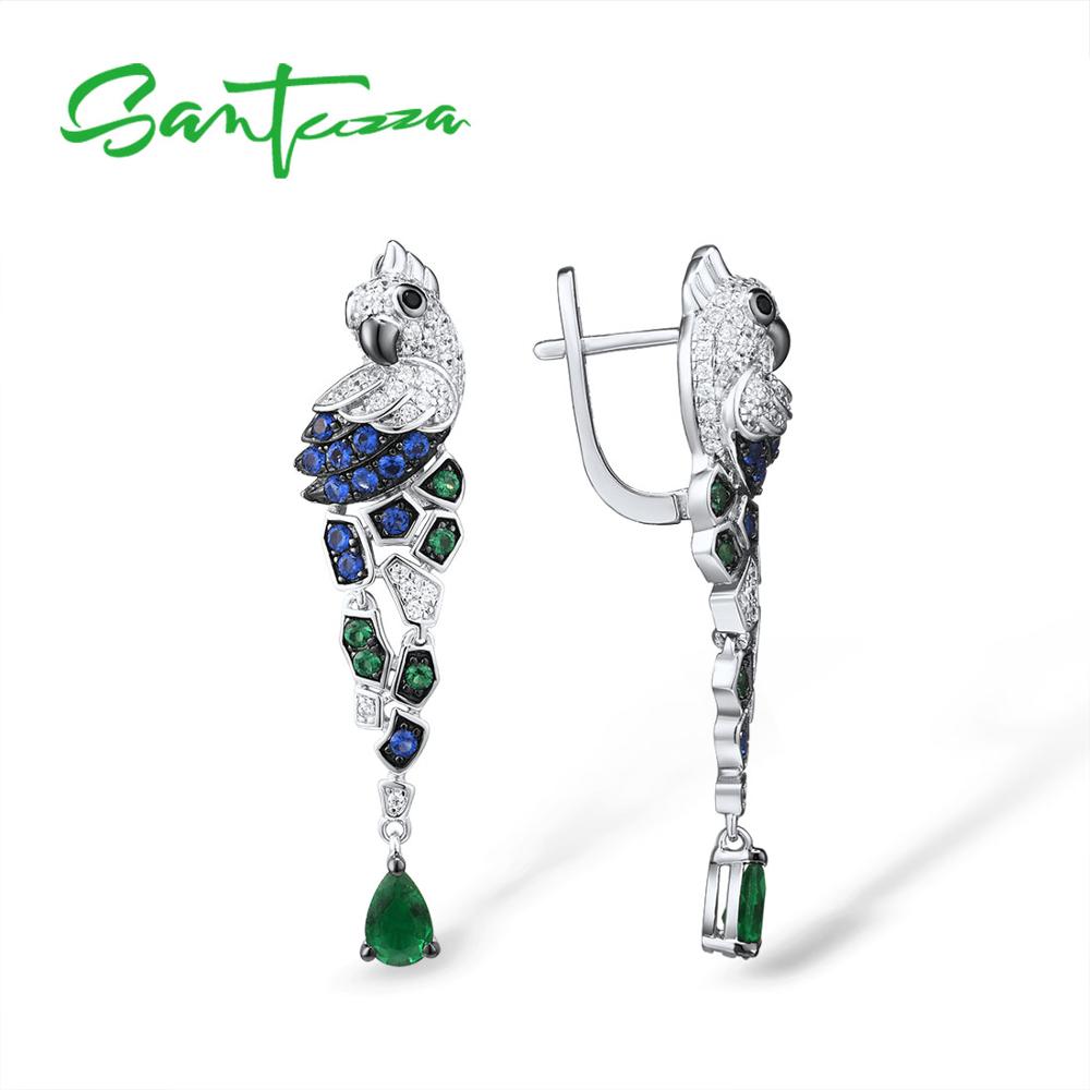 Santuzza Zilveren Oorbellen Voor Vrouwen 925 Sterling Zilver Parrot Vogels Fonkelende Blauw Groen Cz Oorbellen Trendy Fine Jewelry