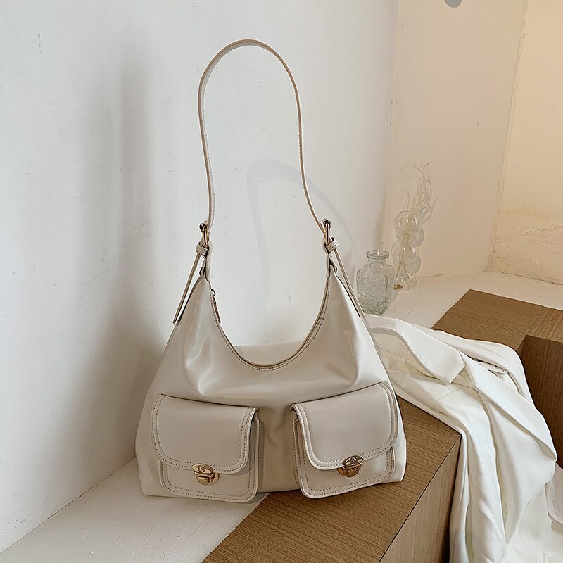 Bolso blanco Hobos de de para mujer, Cartera de mano de piel de Color sólido con múltiples bolsillos, bolso de hombro a la de media luna,: White