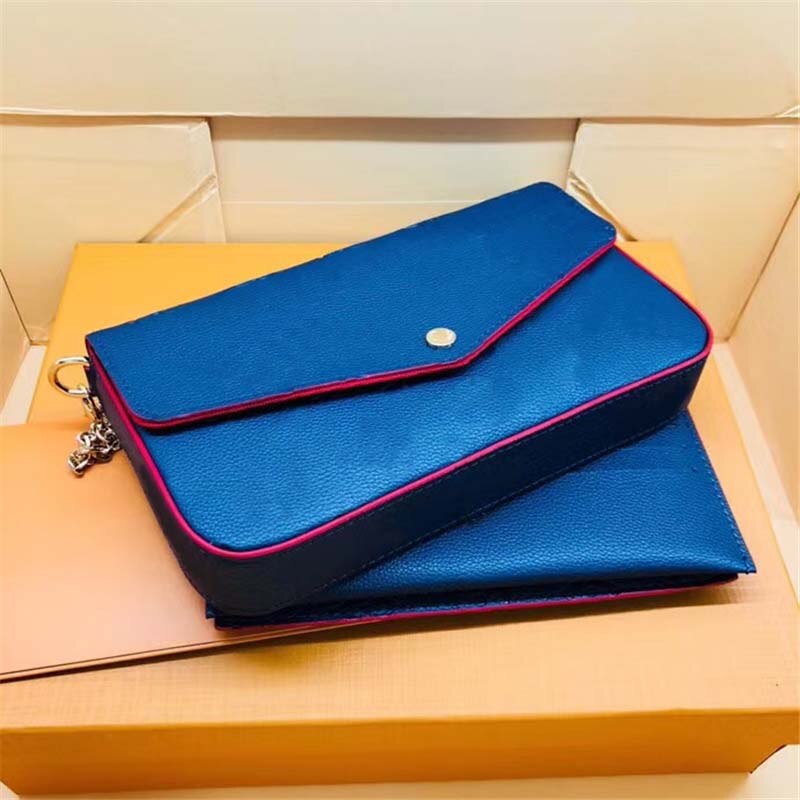 ! Cartera de tres piezas de la mejor a la retro sobres cadena simple P0CHETE FELlClE bolsos de hombro con caja: Blue Embossing