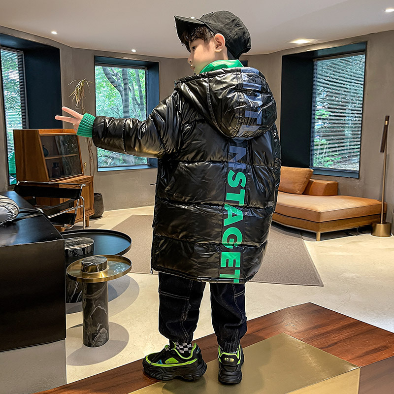 Veste d&#39;hiver russe pour enfants, Parka pour garçons, vêtements noirs brillants, manteaux imperméables à capuche, vêtements d&#39;extérieur mi-longs pour adolescents de 4 6 8 10 12 ans