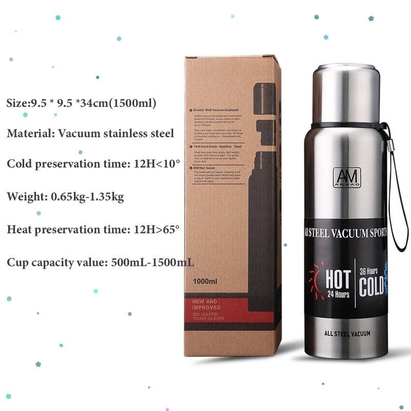 Termo de acero inoxidable de gran capacidad frasco de vacío portátil vaso aislado con botella térmica de cuerda 500/700/1000/1500ml termo termos botella termica botellas para agua acero inoxidable termo para cafe