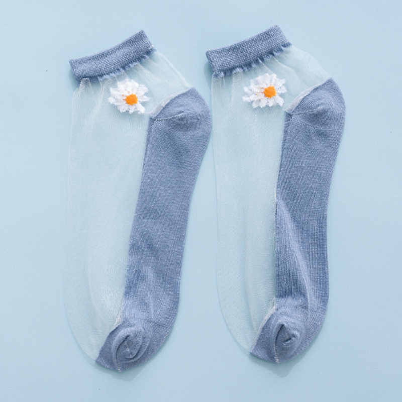 9 Colors Daisy Ultrathin Ankle Sock Women Transparent Breathable Comfortable Elastic Sweat Absorbent Candy Sock: Blue