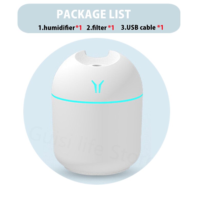 250ML Mini Air Humidifier USB Aroma Essential Oil Diffuser Ultrasonic Mist Maker with LED Night Lamp Diffuser For Home Car: white