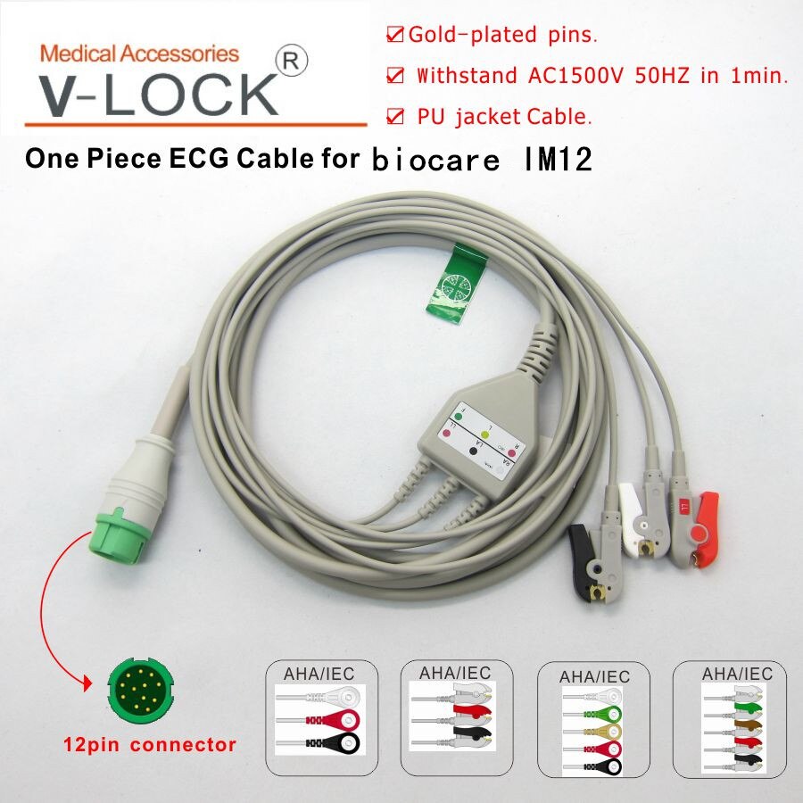 Cable ECG de una pieza con 3 cables, clip para monitor de paciente biocare IM12