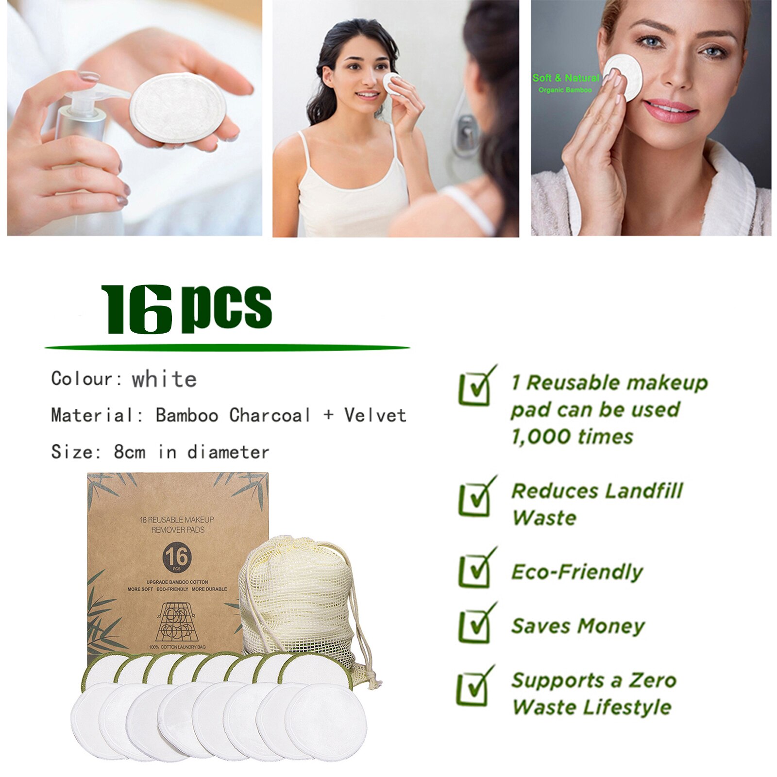 12/16/20pcs Reusable Bamboo Cotton Pads Washable Makeup Up Pads Remover Sets Washable Environmental Protection With Laundry Bag