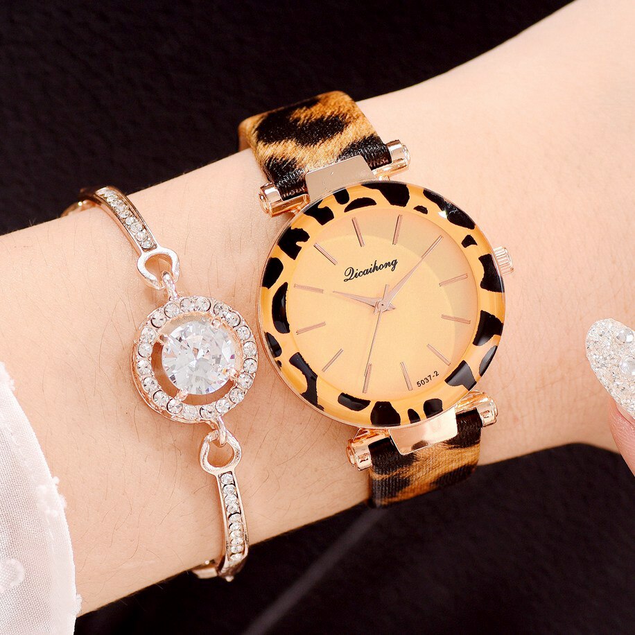 Kvinder ure billige leopard print læder dame armbånd ur casual quartz armbåndsure ur relogio feminino: Gul tilføje armbånd