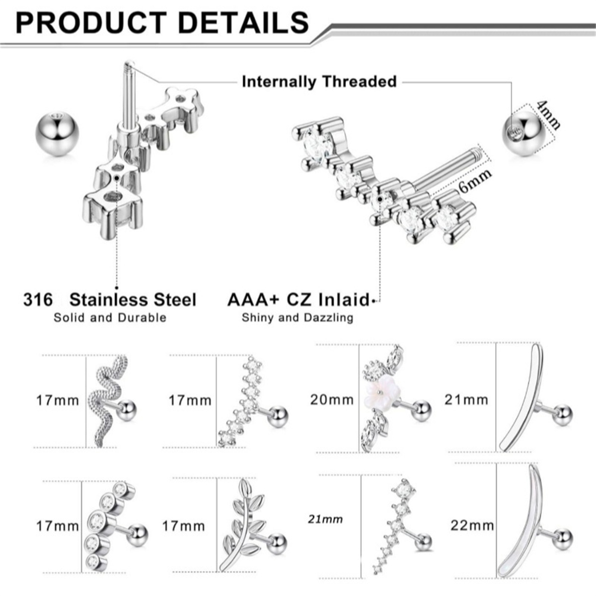 Boucles d'oreilles à vis arrière en acier inoxydable pour femmes, 2 pièces, 16G, bijoux de perçage d'oreille hélice de conque de Cartilage de Zerconie cubique