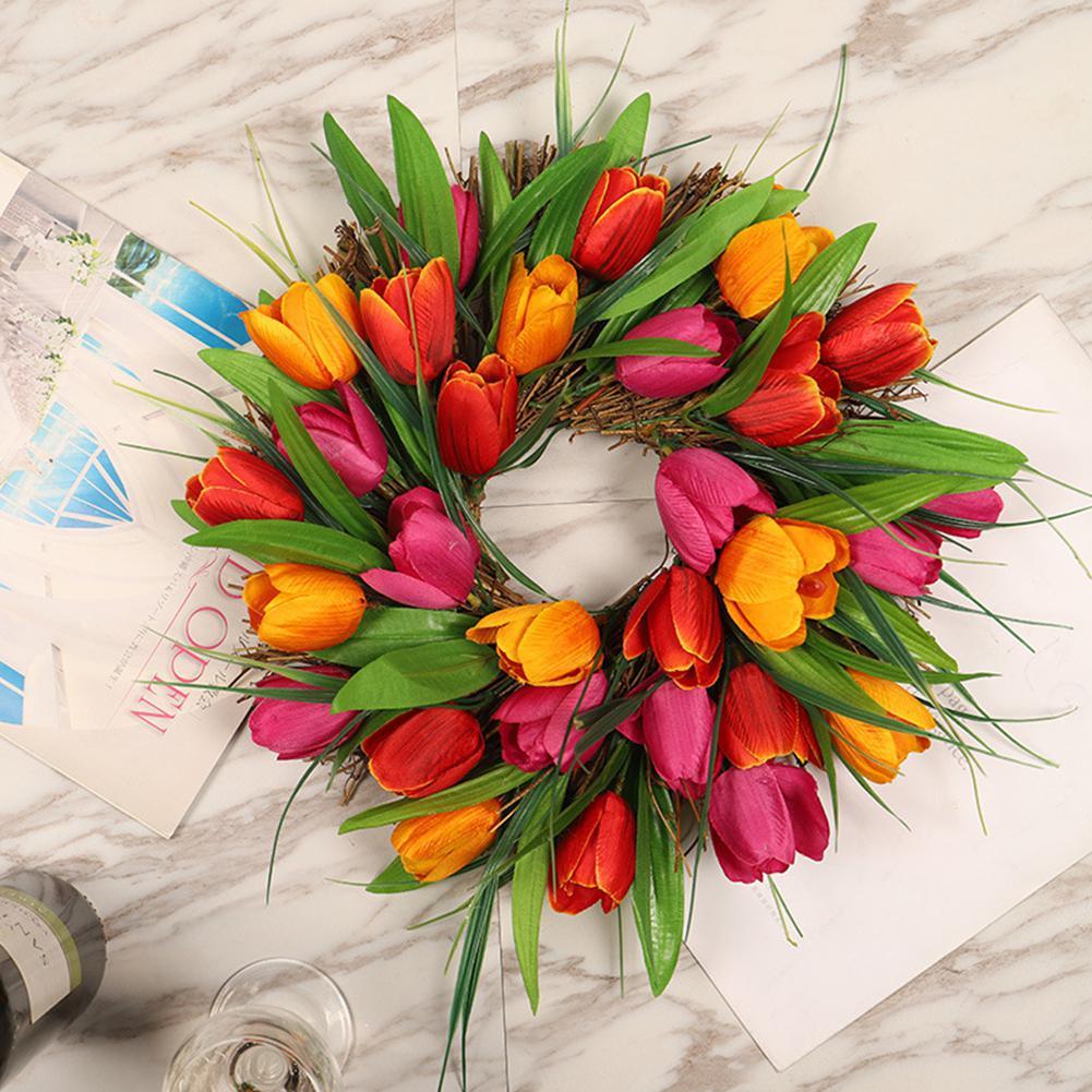 Tulip Wreath for Front Door Artificial Flower Tulip Floral Spring Wreath Red Yellow Tulip Wreaths for Front Door Party Wedding