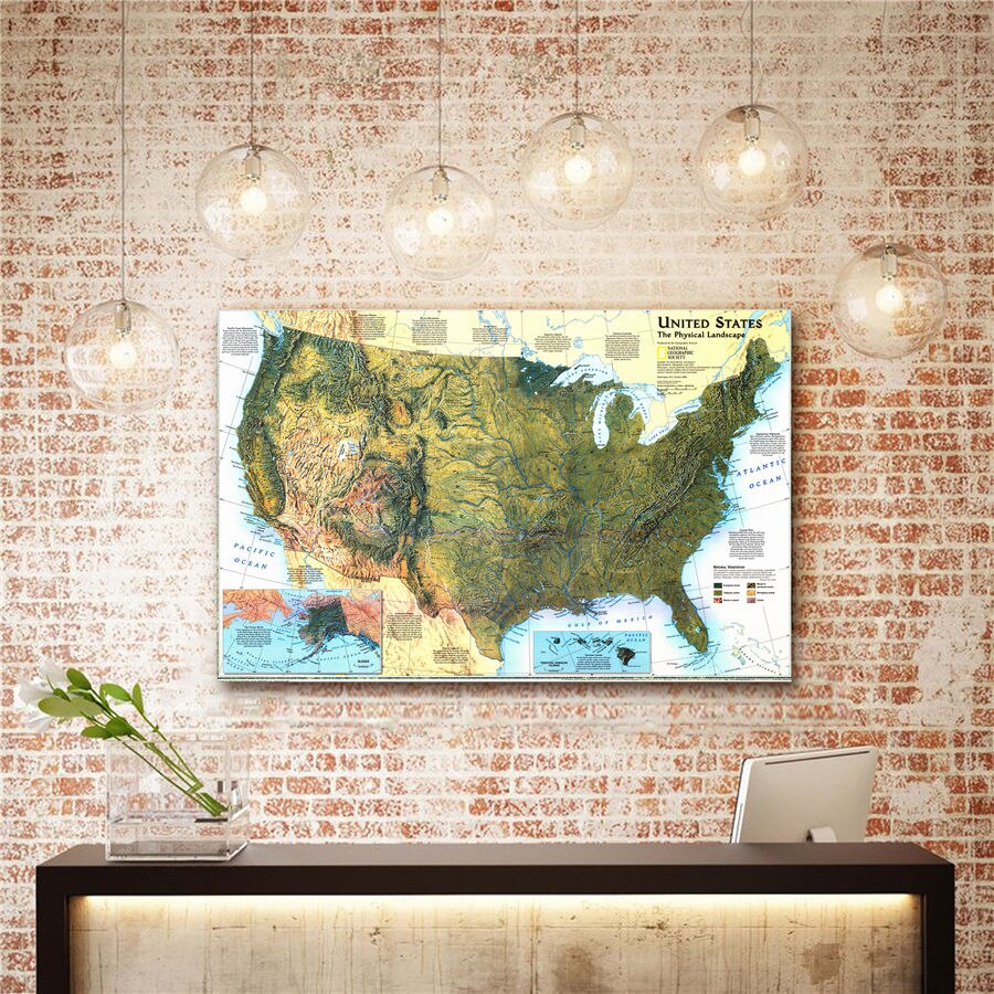 USA Map The Physical Landscape Realistic Geographical Lines Canvas Print Wall Sticker Bar Cafe Living Room Home Decor
