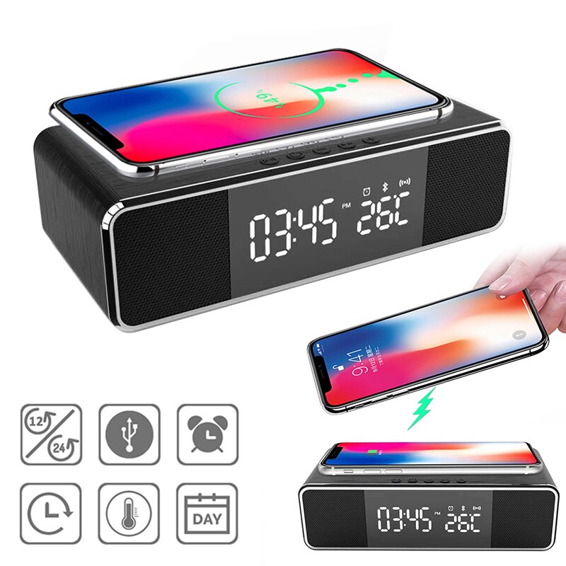 LED Electronic Alarm Clock Temperature Time Display With Wireless Mobile Phone Charging FM Radio Bluetooth Speaker Alarm Clocks