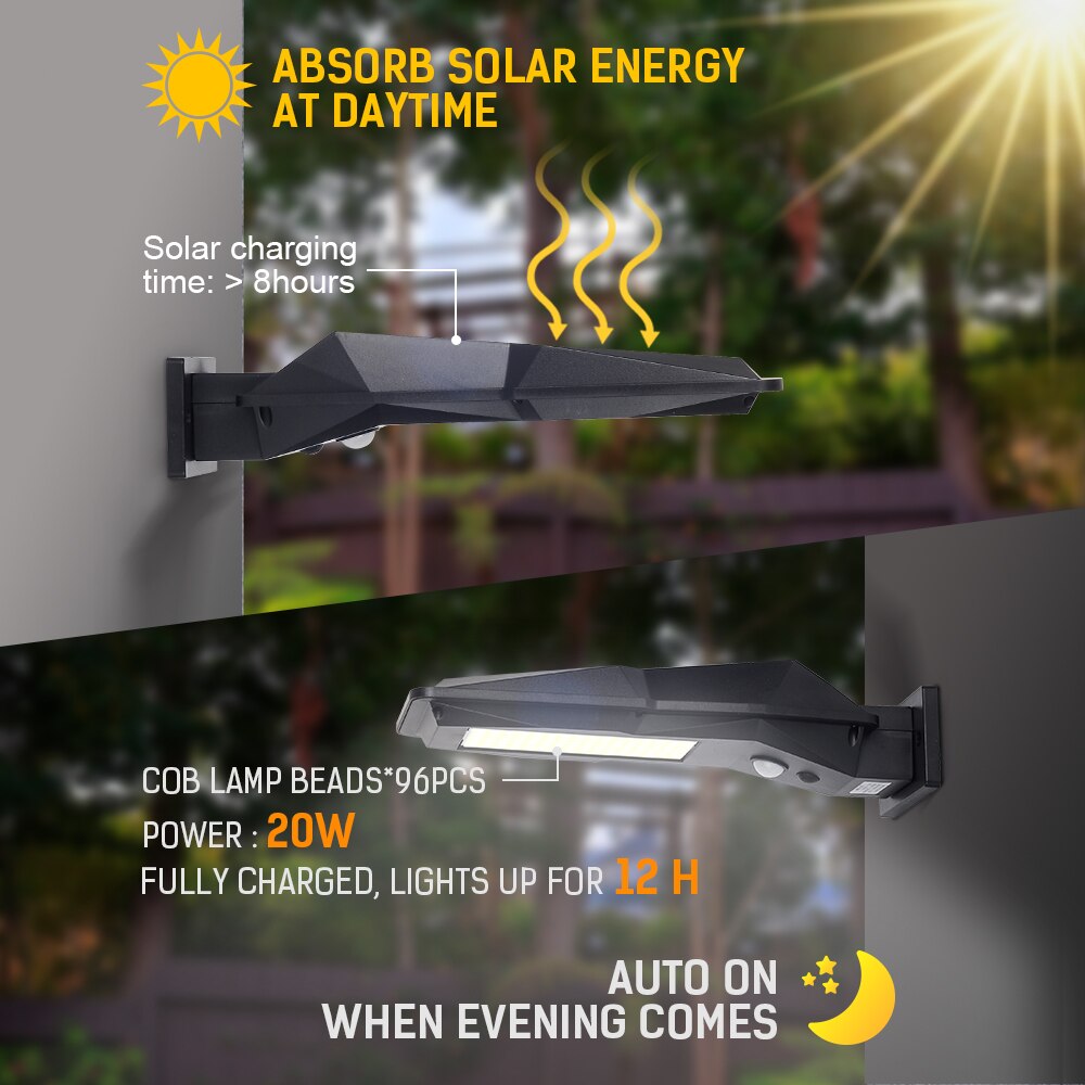 20w cob sol gadebelysning vandtæt pir motion / nattsensor mini batteridrevne væglamper til gadehave natlys
