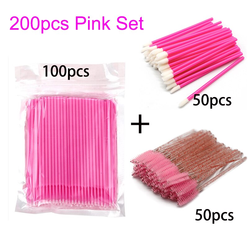200Pcs Roze Mascara Wands Lipgloss Wand Borstel En Wimper Cleaning Micro Applicator Set 3 In 1 Eye Lash makeup Tools In Bundel