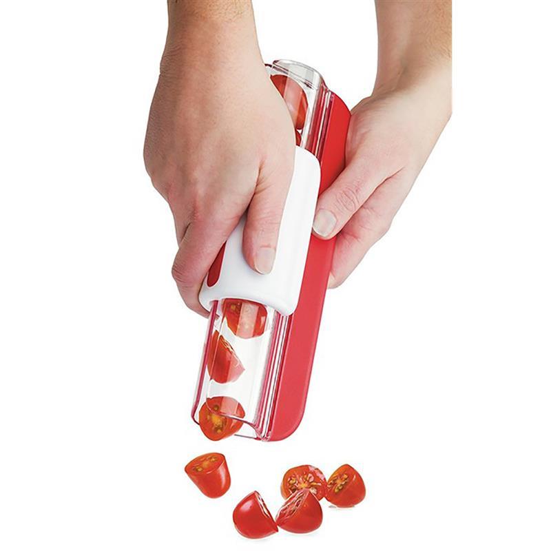 Rustfrit stål vegetabilsk frugt skiver tomat drue kirsebær skæreindretning manuel sikkerhedsskærer køkkenredskab til vegetabilsk frugt: Rød