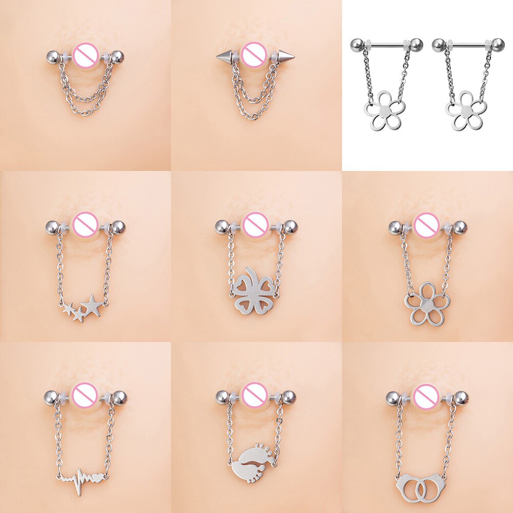 2 Stuks Gothic Sexy Piercings Tepel Ringen Barbell 316L Stalen Handboeien Ster Voeten Bloem Chain Dangle Tepel Sieraden Voor Vrouwen 14G