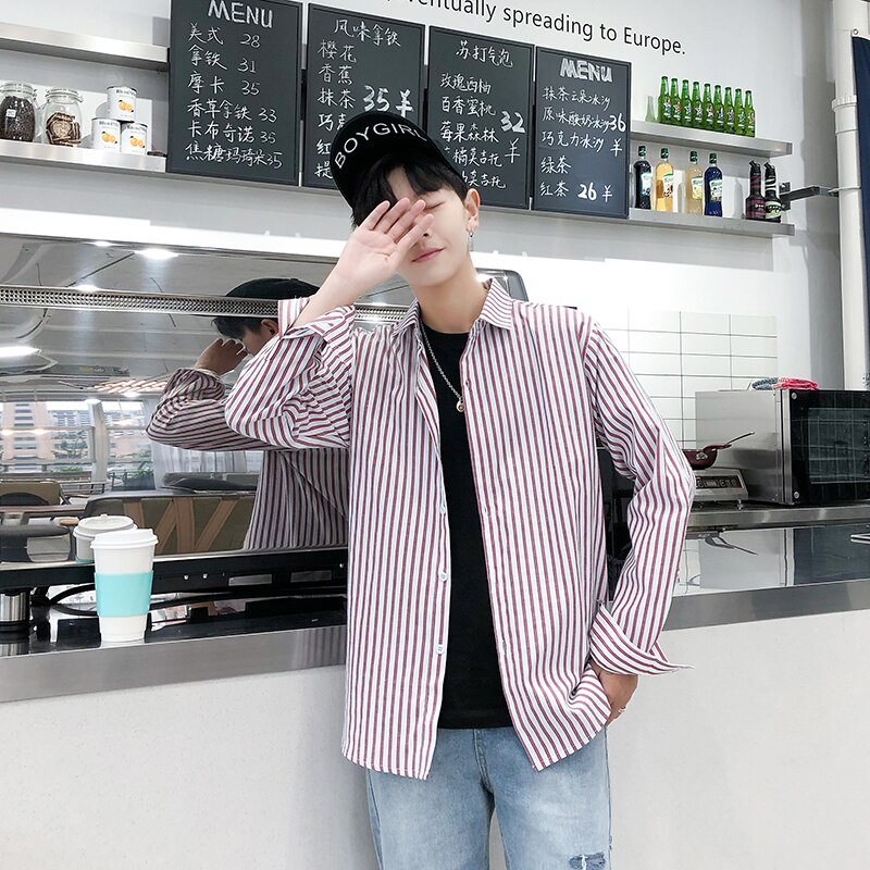 Skjorter herre stribet langærmet skjorte herre casual slim fit turn-down krave komfortabel koreansk stil simpelt mænd ulzzang tøj: Lyserød / Xl