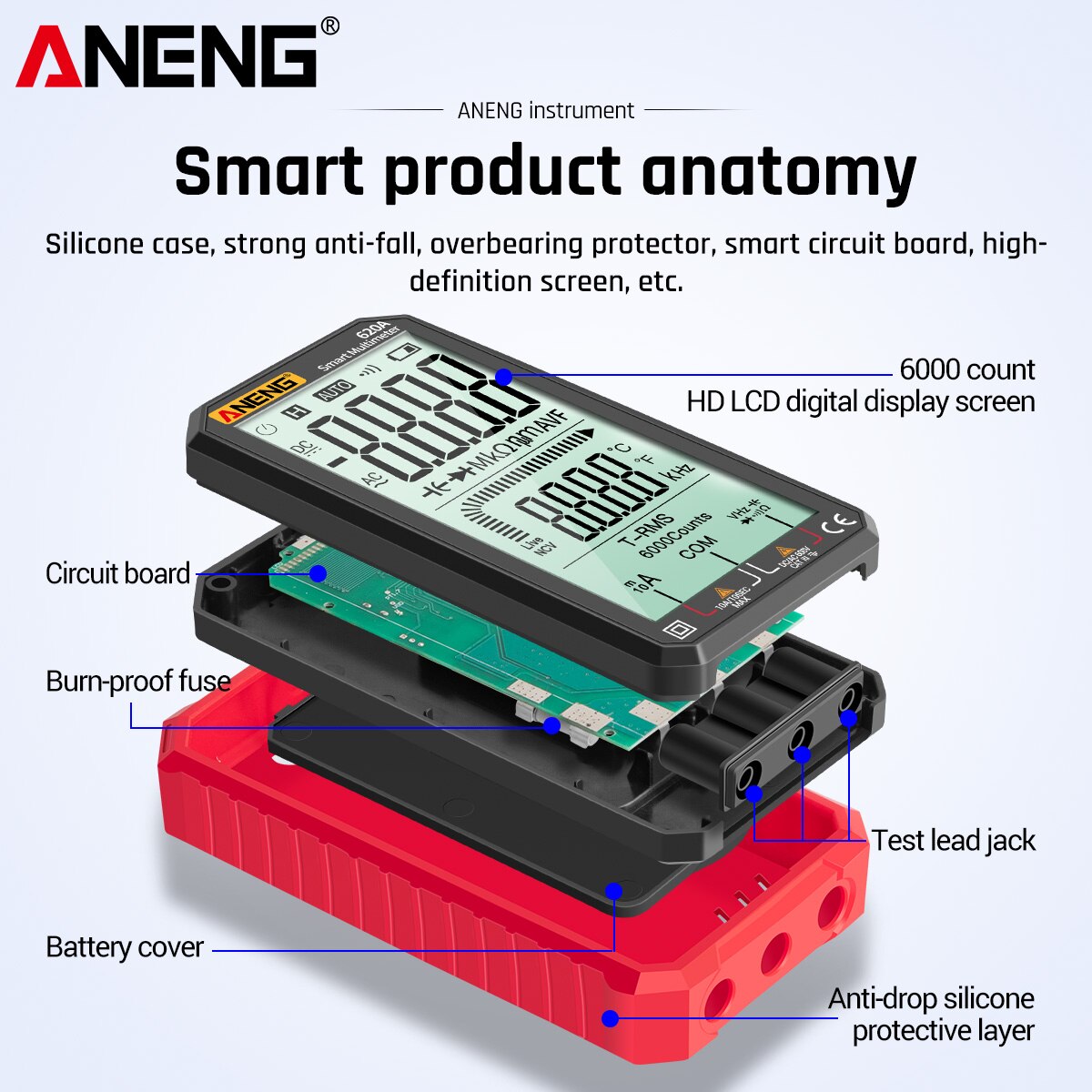 ANENG True-RMS Auto-Ranging Digital Multimeter with Amp Volt Ohm Capacitance Continuity Temperature Frequency Diode Tests