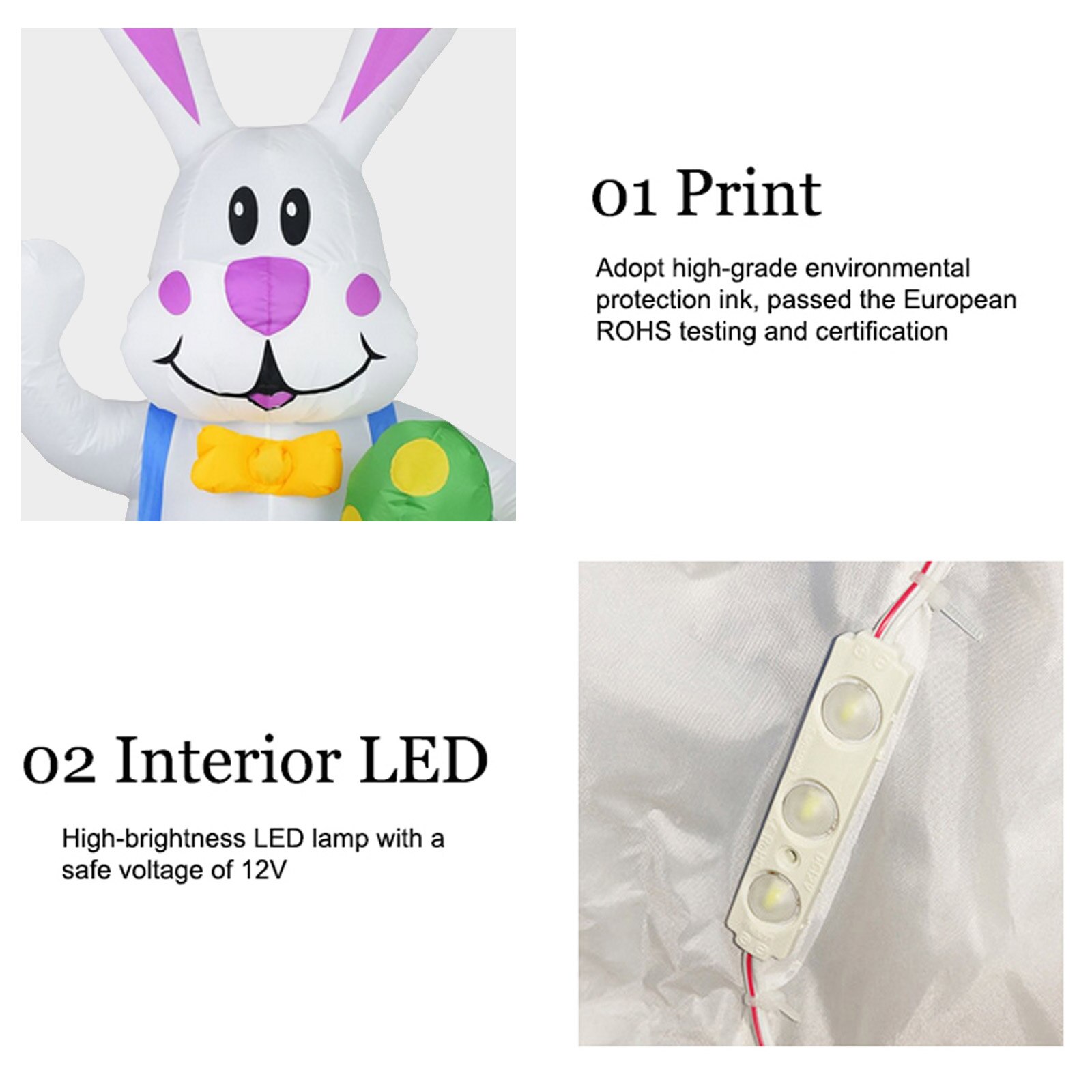 1.9m Easter Inflatable Bunny with Led Light Airblown Bunny Easter Decoration for Yard Lawn Party Indoor Outdoor EU Plug