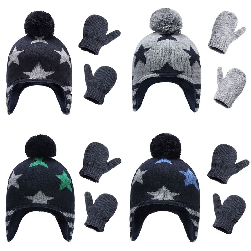 Baby gebreide muts handschoenen set ski winter muts muts met warme oorflap wanten