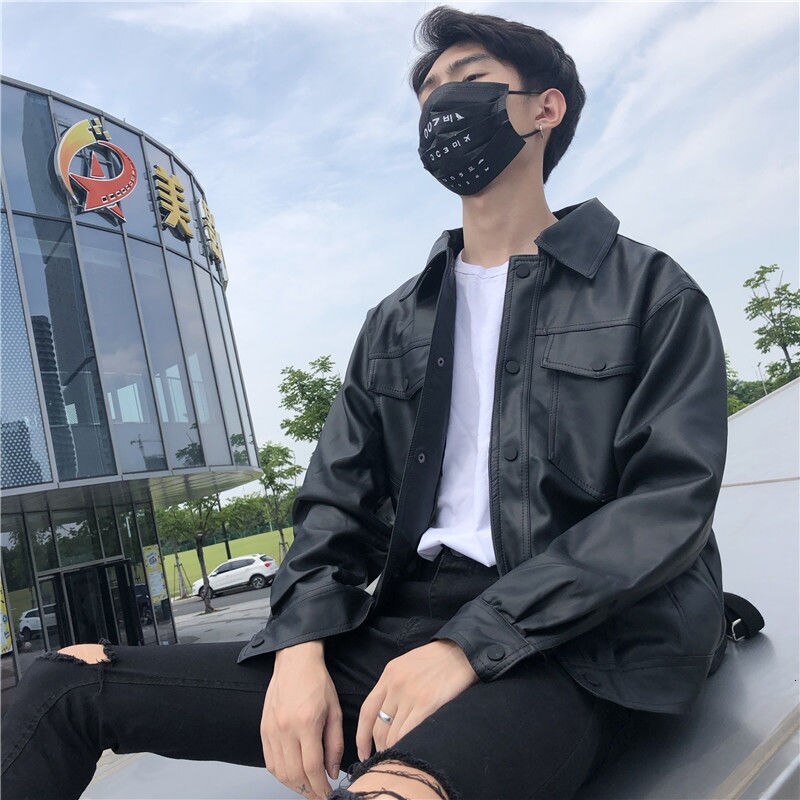 Chaqueta de cuero negro coreano para hombre, chaquetas de motocicleta con solapa a la , ropa de calle, Cazadora Bomber holgada de Hip-hop, M-2XL