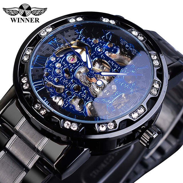 Winnaar Classic Blue Mens Mechanische Horloges Romeinse Zwart Roestvrij Stalen Band Rhinestone Skeleton Hand Wind Bedrijvengids Horloge Klok: S1089-10