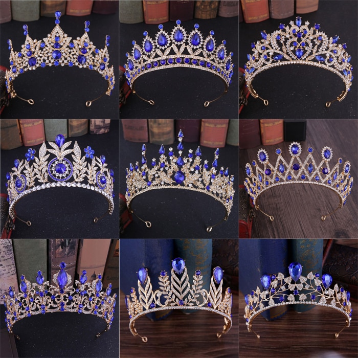 Baroque Luxury Handmade Rhinestone Bridal blue Crystal Big Crown Tiaras Diadem for Bride Headbands Wedding Hair Accessories