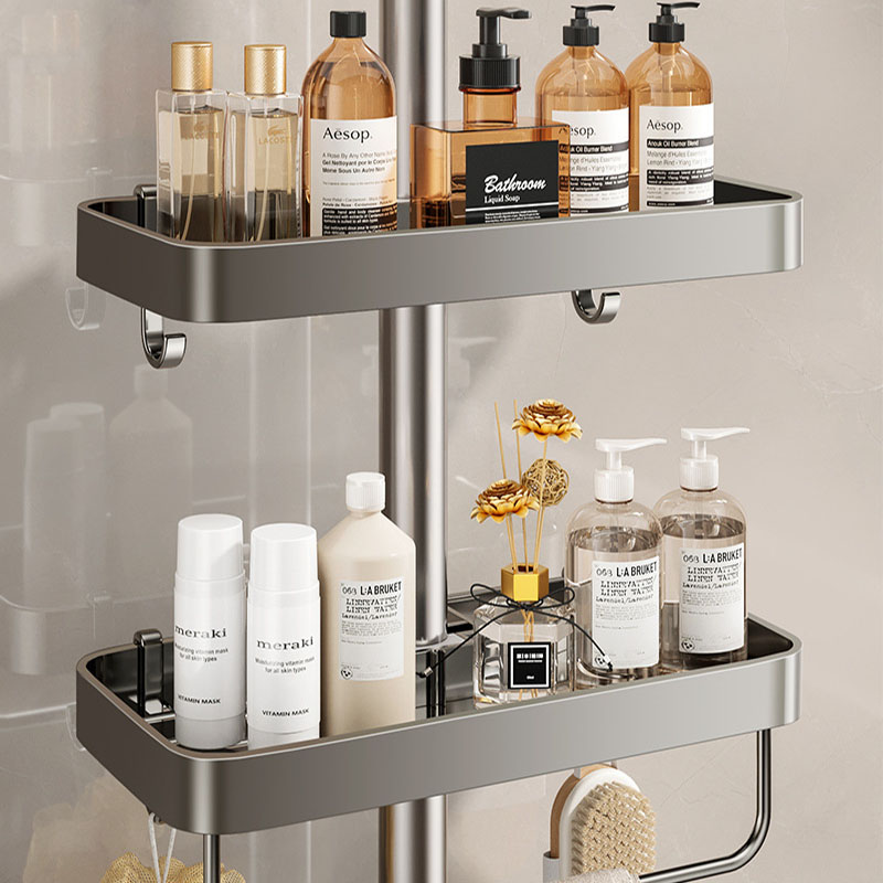 Rack de armazenamento para chuveiro de banheiro, haste de elevação, gel de banho, shampoo, organizador sem perfuração, suporte de liga de alumínio com ganchos