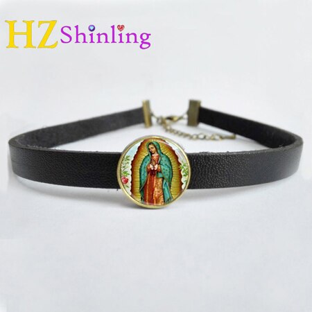 ¡NOVEDAD DE ! Gargantilla de cuero colgante de Nuestra Señora de collar de Guadalupe, católico religioso, Gargantilla Vintage, colgantes: 10 / Brown