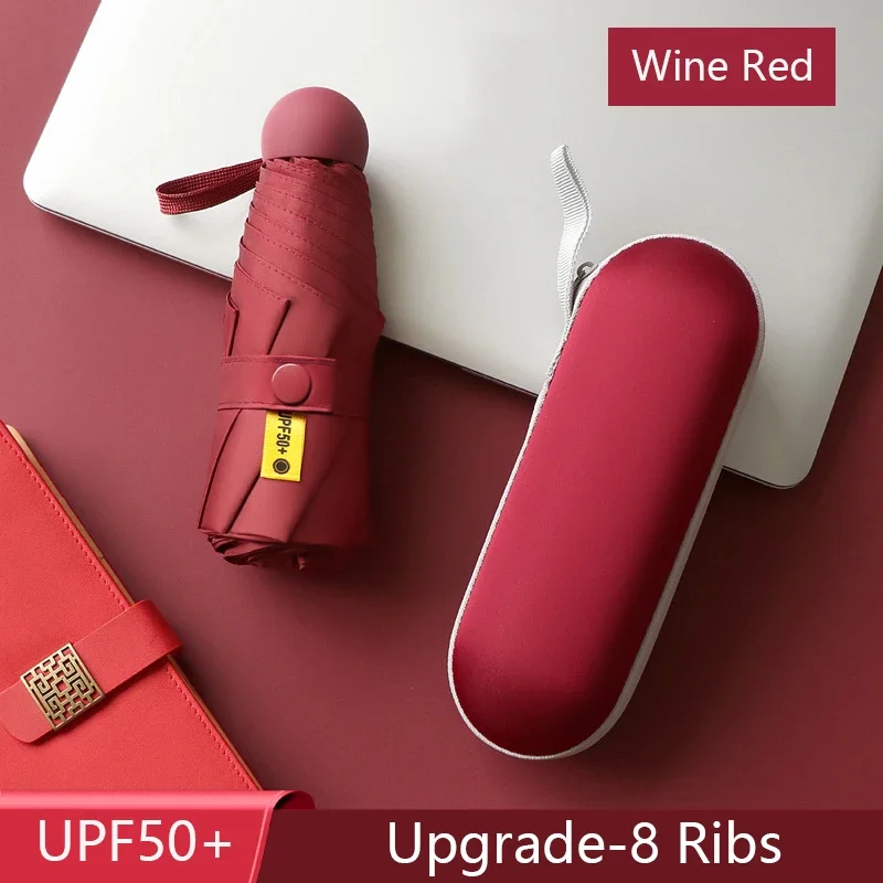 Paraguas portátil para el hogar, minivestido cápsula de bolsillo, 8 costillas, protección solar, plegado UV, sombrilla con caja: Rojo